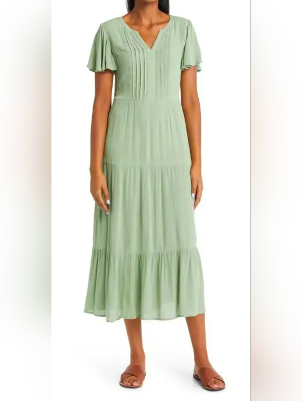 beachlunchlounge Sage Green Tiered Pintuck V-Neck Midi Dress